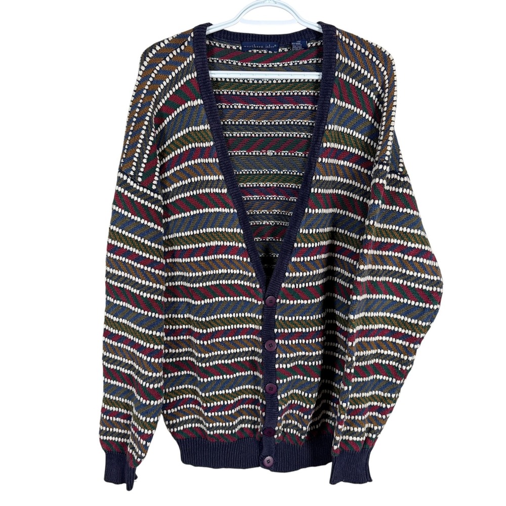 Vintage Northern Isles Cardigan Sweater‎ Mens XL Multicolor Striped Textured